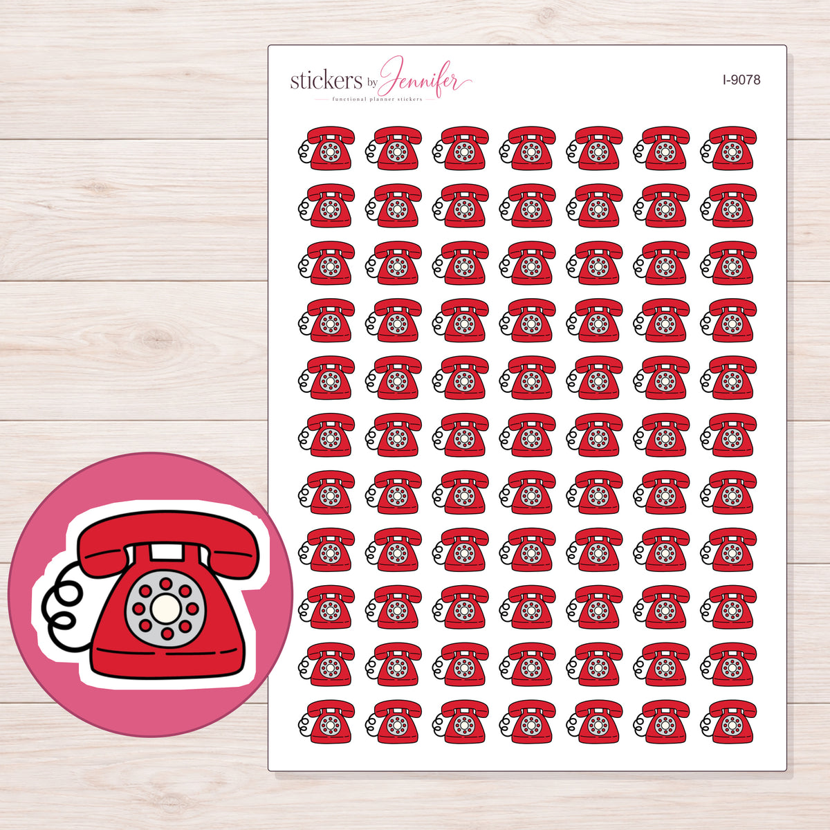Red Rotary Telephone Planner Stickers | I-9078 — 5 × 7 inch sheet and enlarged sticker detail