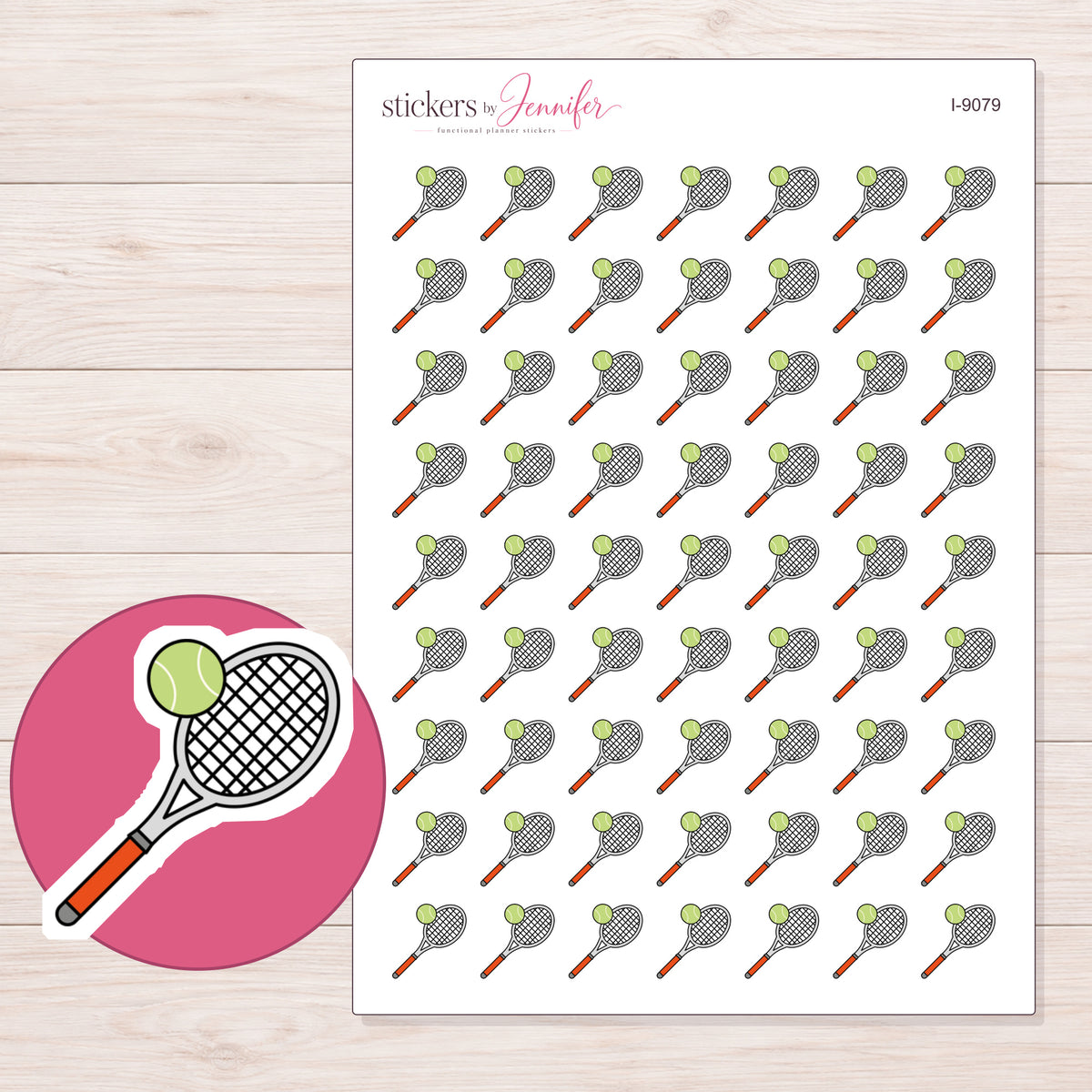 Tennis Racket and Ball Planner Stickers | I-9079 — 5 × 7 inch sheet and enlarged sticker detail