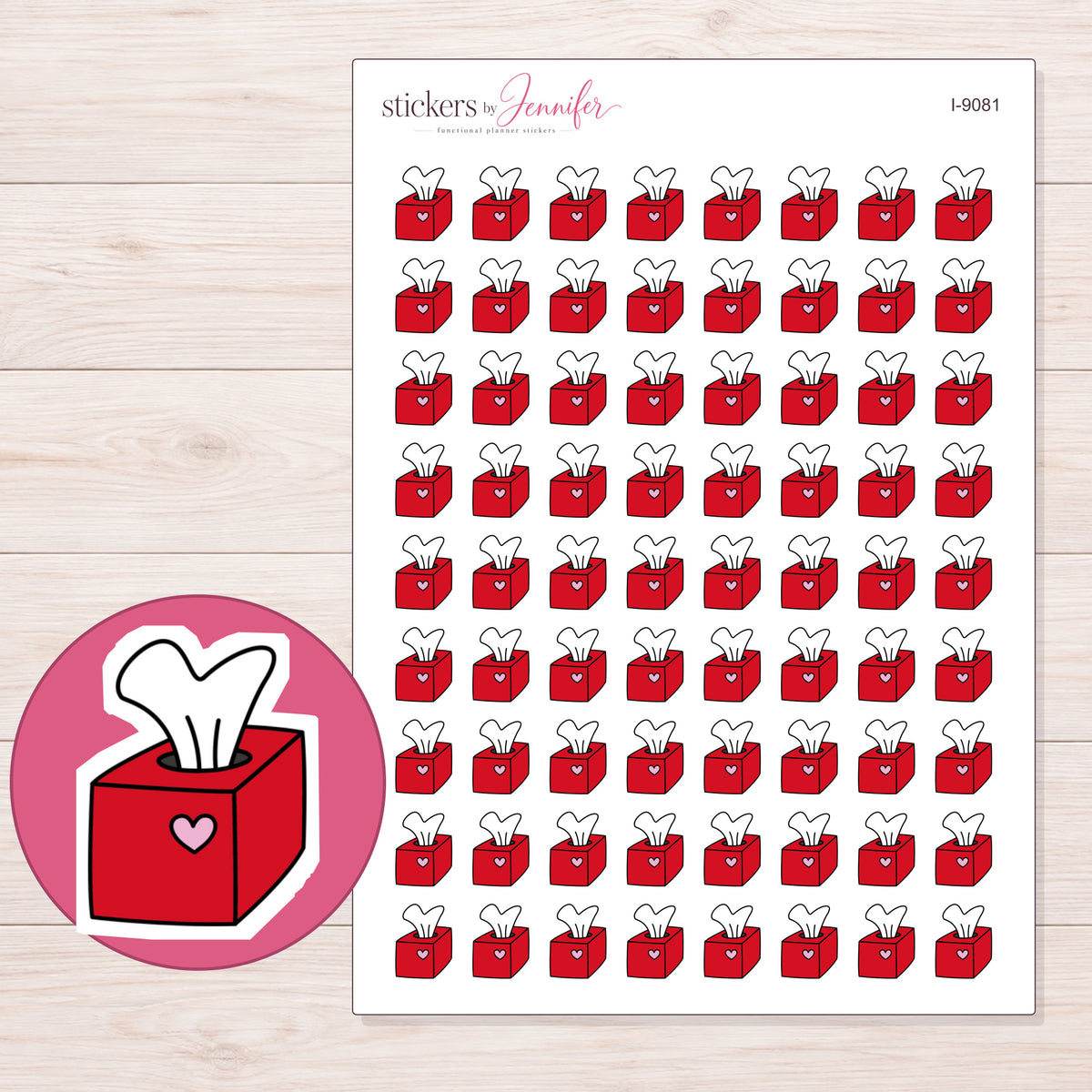 Red Heart Tissue Box Planner Stickers | I-9081 — 5 × 7 inch sheet and enlarged sticker detail