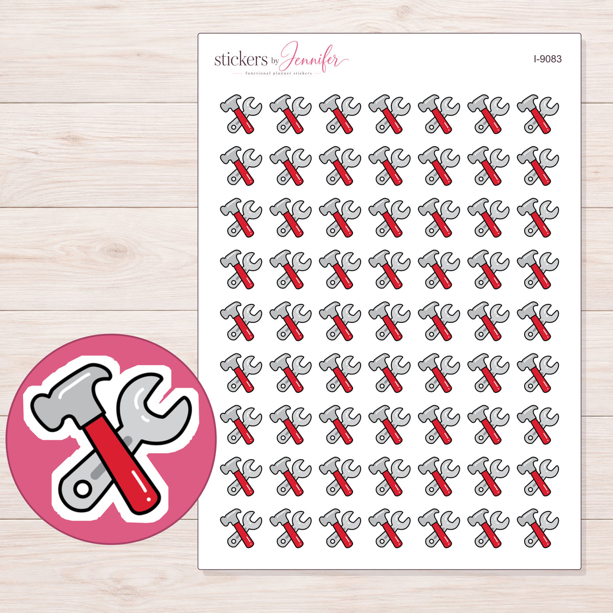 Red Hammer and Wrench Planner Stickers | I-9083 — 5 × 7 inch sheet and enlarged sticker detail
