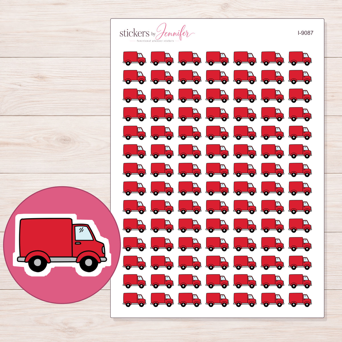 Red Delivery Truck Planner Stickers | I-9087 — 5 × 7 inch sheet and enlarged sticker detail