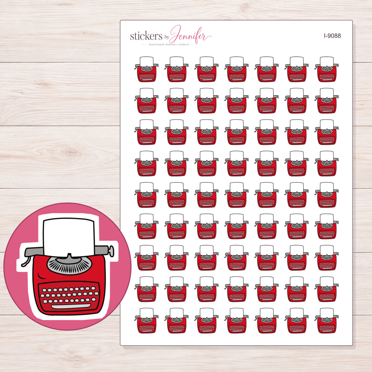 Red Typewriter Planner Stickers | I-9088 — 5 × 7 inch sheet and enlarged sticker detail