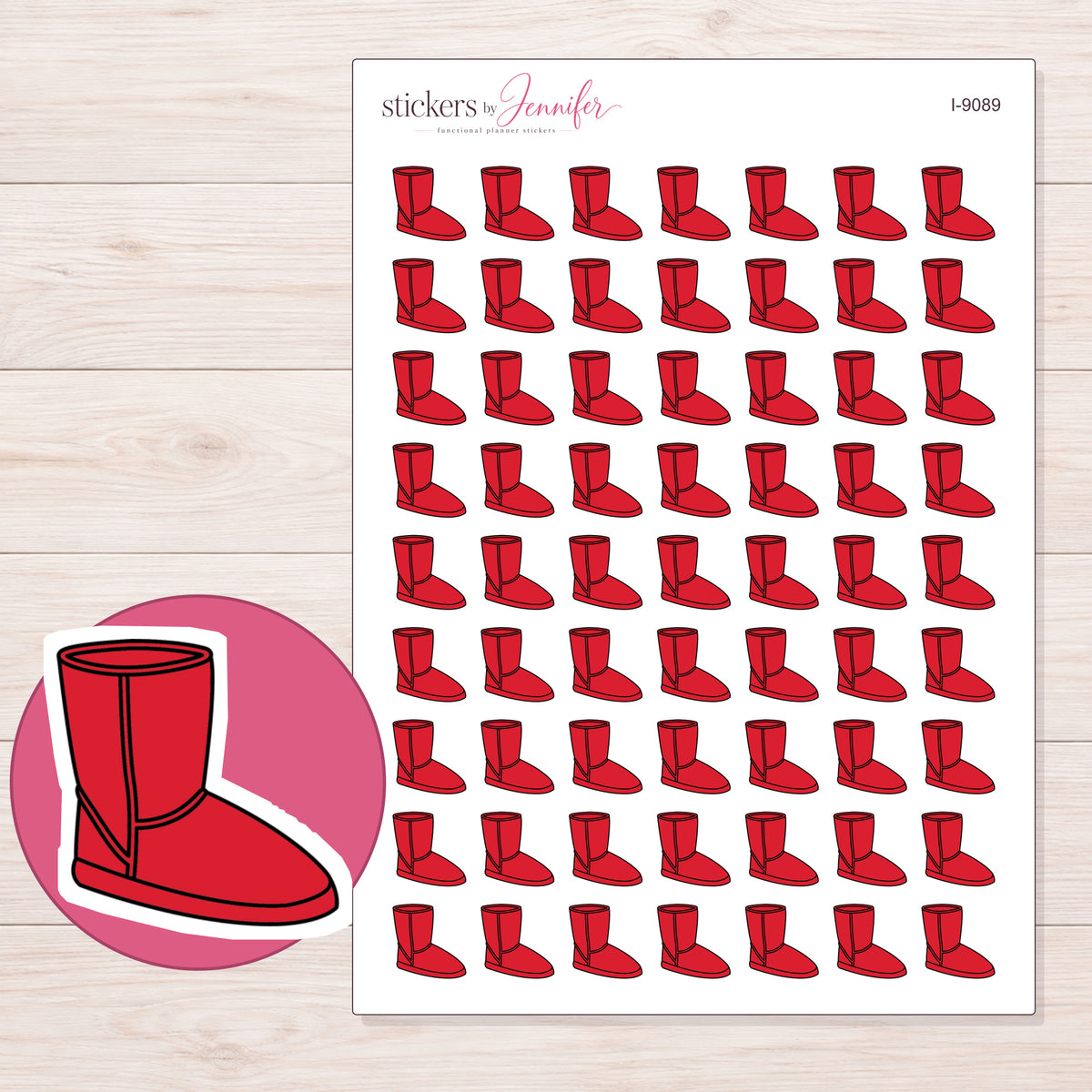 Red Cozy Boot Planner Stickers | I-9089 — 5 × 7 inch sheet and enlarged sticker detail