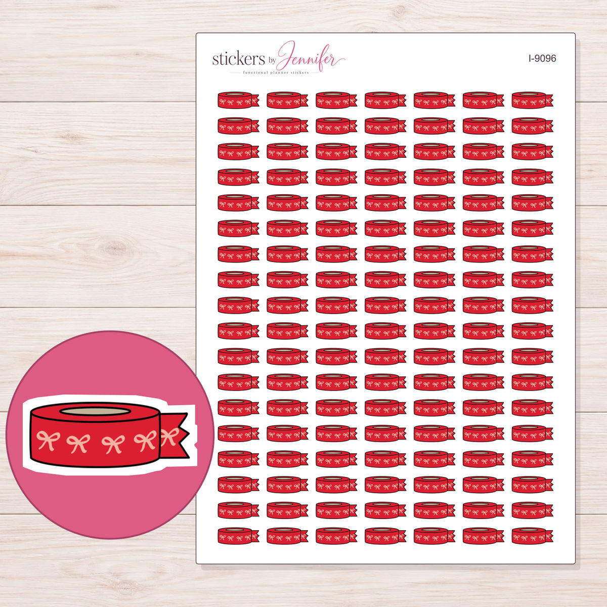 Red Bow Washi Roll with Loose End Planner Stickers | I-9096 — 5 × 7 inch sheet and enlarged sticker detail