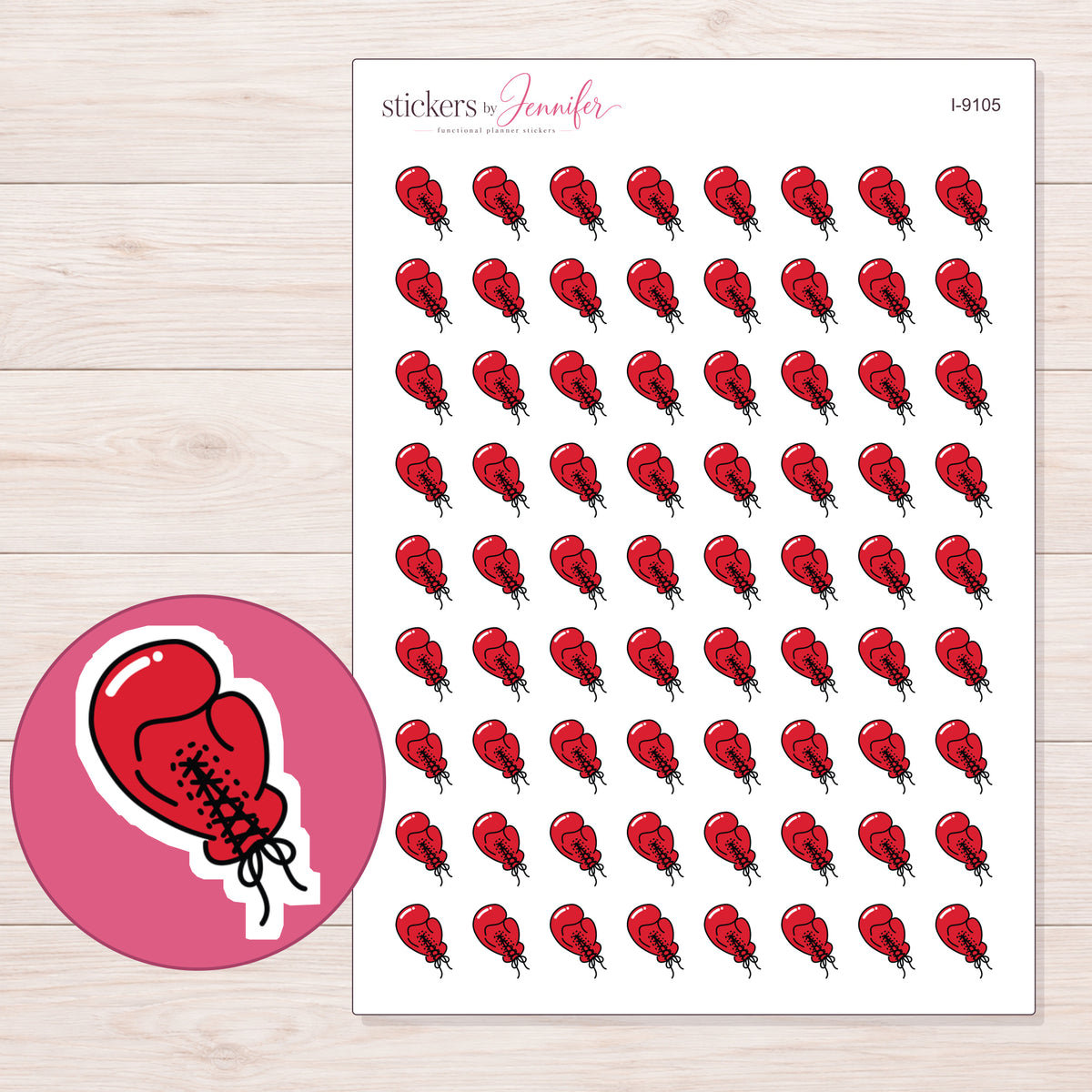 Red Boxing Glove Planner Stickers | I-9105 — 5 × 7 inch sheet and enlarged sticker detail