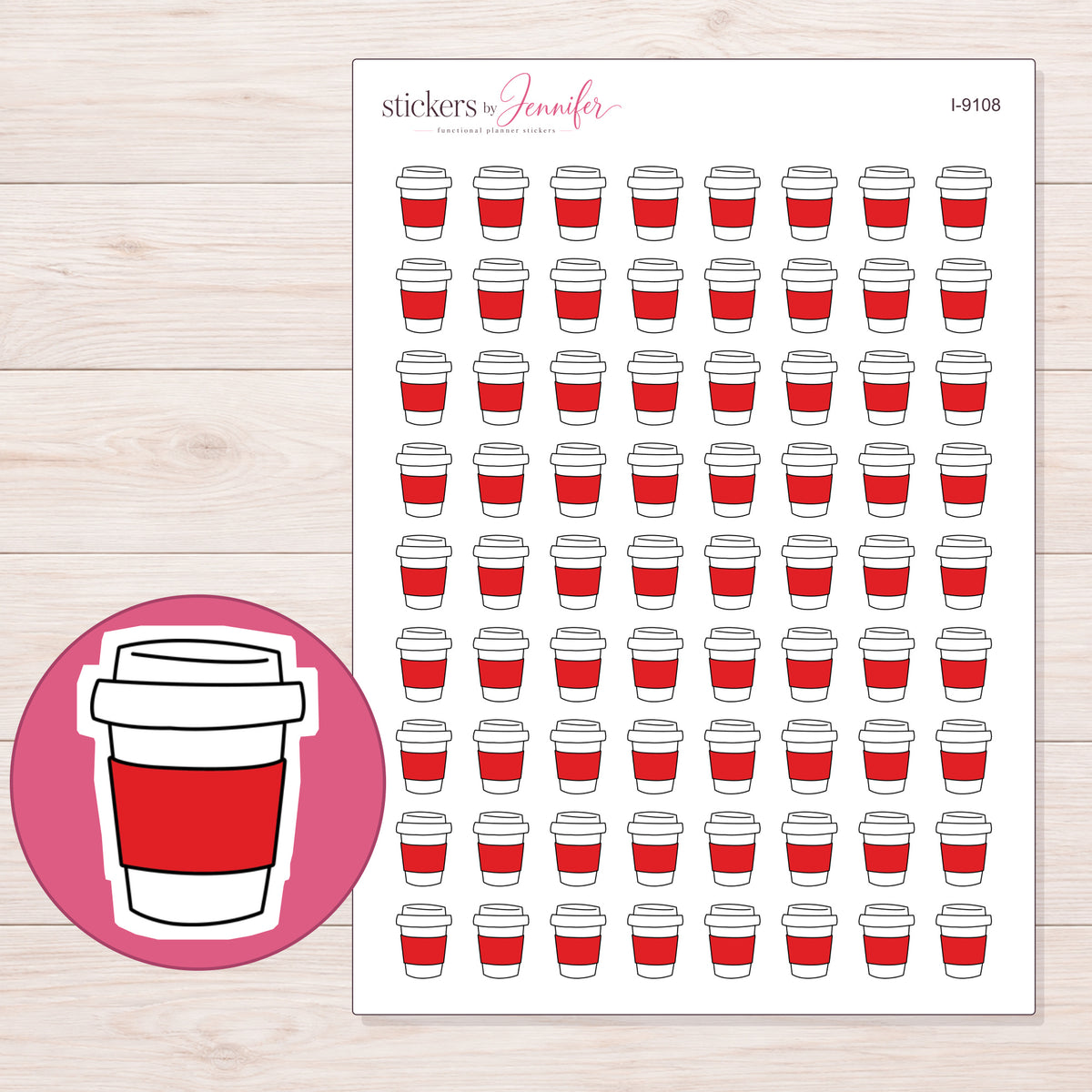 Red Sleeve Takeaway Coffee Planner Stickers | I-9108 — 5 × 7 inch sheet and enlarged sticker detail