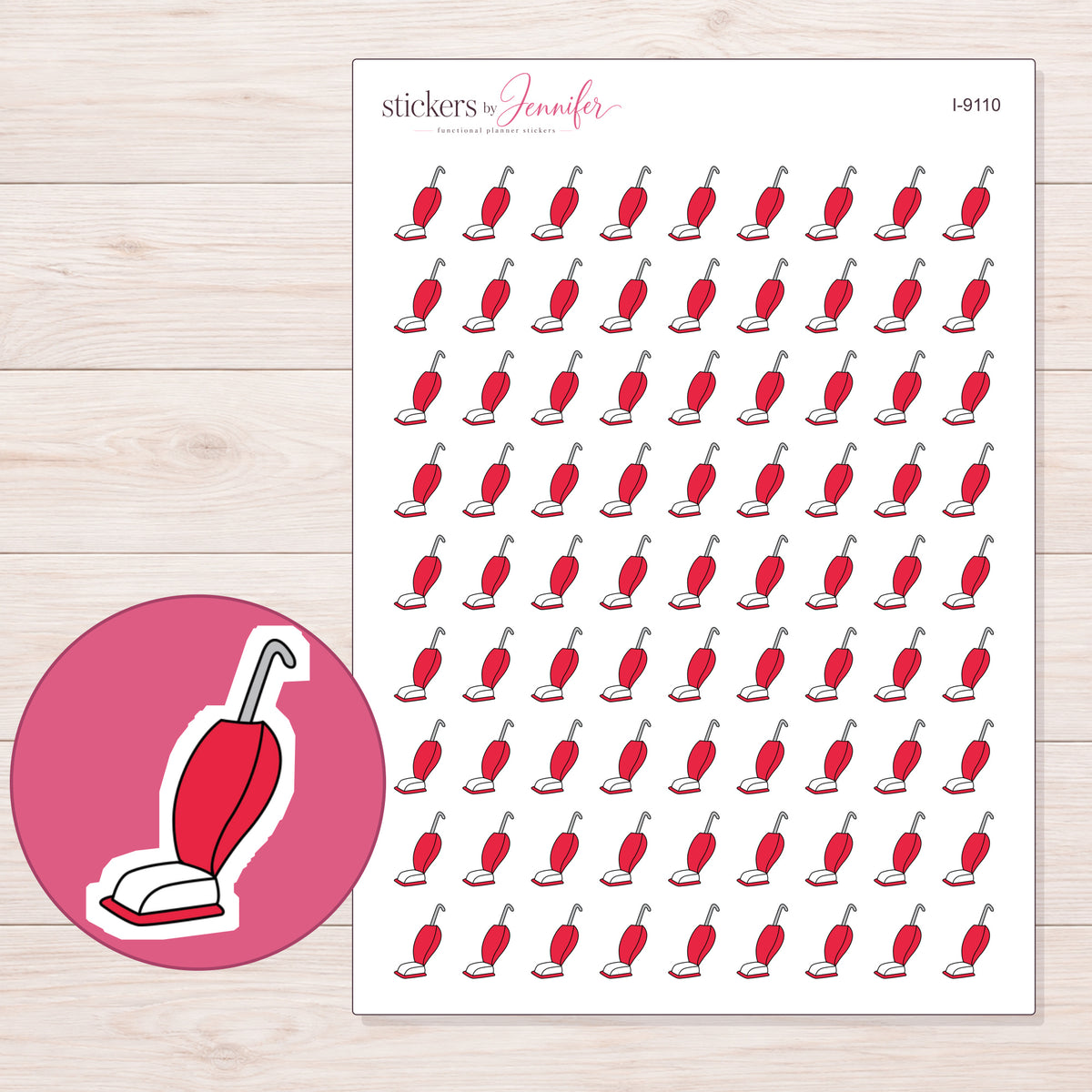 Red Doodle Upright Vacuum Planner Stickers | I-9110 — 5 × 7 inch sheet and enlarged sticker detail