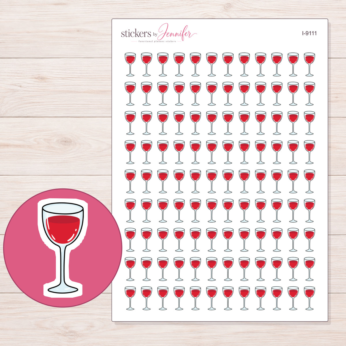 Red Wine Glass Planner Stickers | I-9111 — 5 × 7 inch sheet and enlarged sticker detail