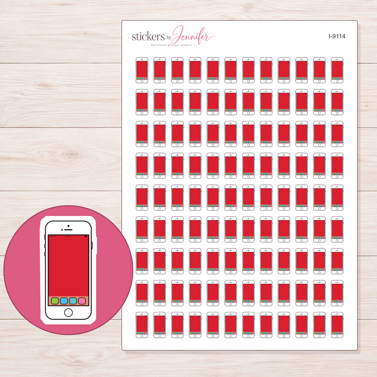 White App Smartphone Planner Stickers | I-9114 — 5 × 7 inch sheet and enlarged sticker detail