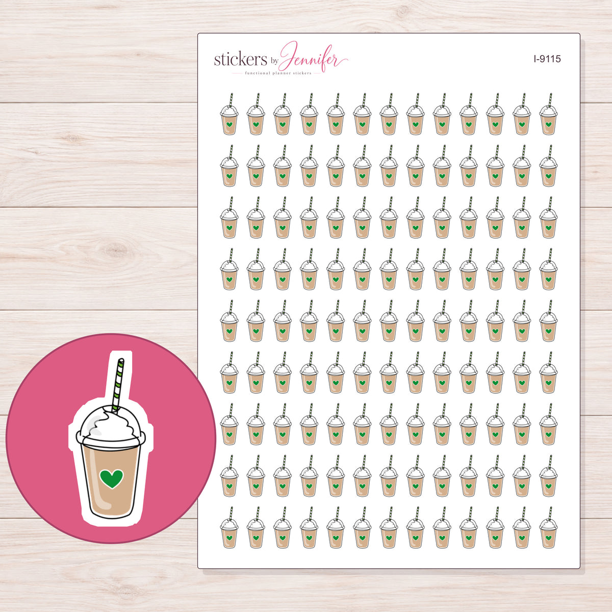 Whipped Smoothie Cup Planner Stickers | I-9115 — 5 × 7 inch sheet and enlarged sticker detail