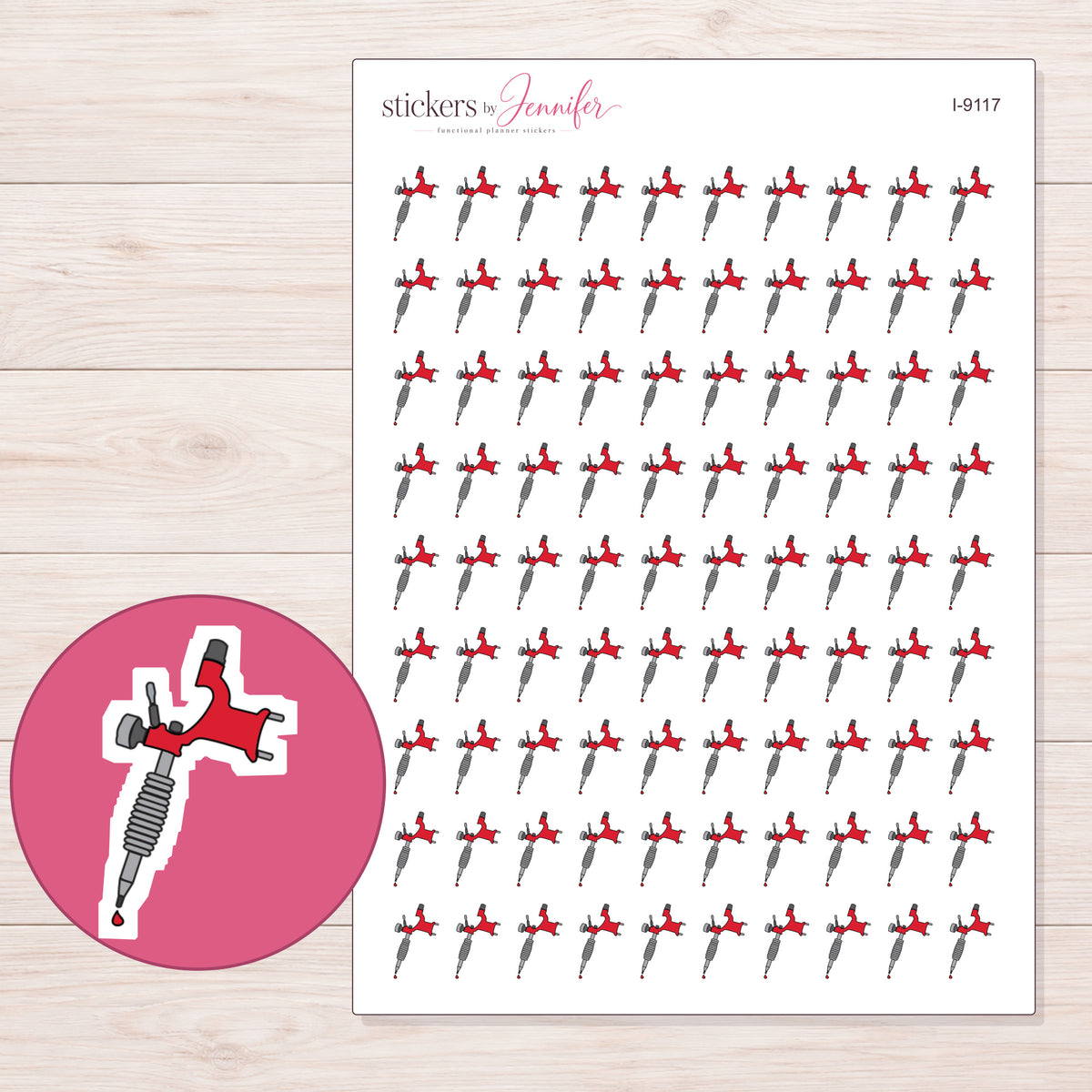 Red Tattoo Machine Planner Stickers | I-9117 — 5 × 7 inch sheet and enlarged sticker detail