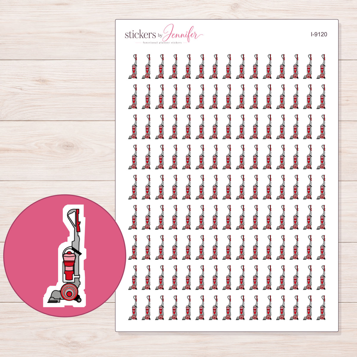Red Detailed Upright Vacuum Planner Stickers | I-9120 — 5 × 7 inch sheet and enlarged sticker detail