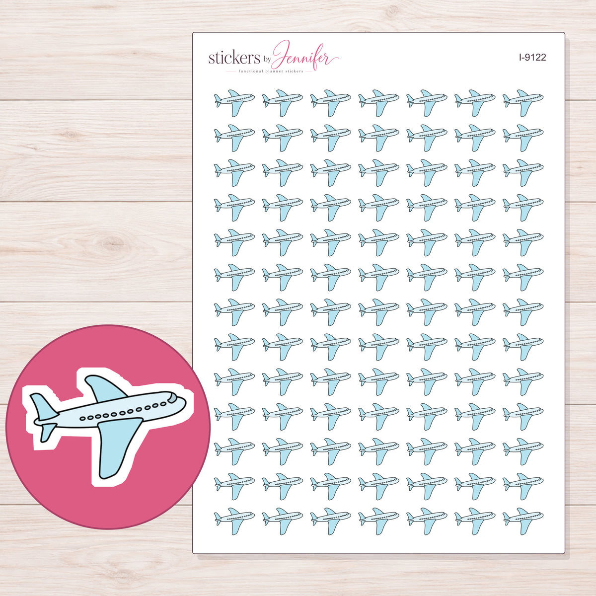 Pale Blue Airplane Planner Stickers | I-9122 — 5 × 7 inch sheet and enlarged sticker detail