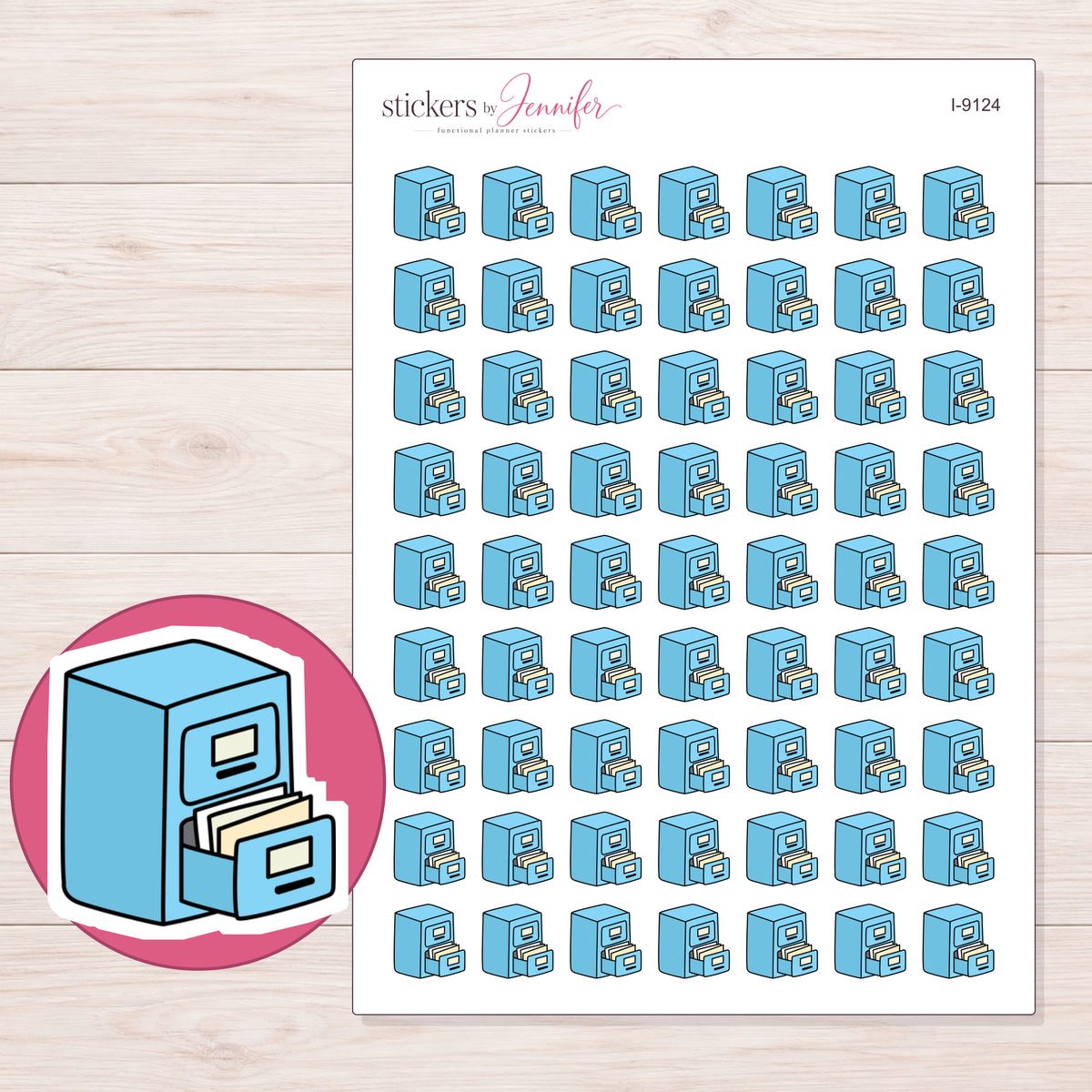 Blue Filing Cabinet Planner Stickers | I-9124 — 5 × 7 inch sheet and enlarged sticker detail