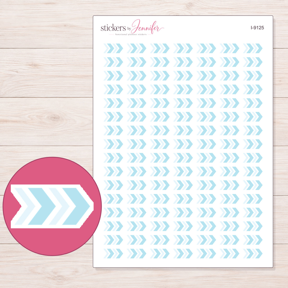Pale Blue Chevron Arrow Planner Stickers | I-9125 — 5 × 7 inch sheet and enlarged sticker detail