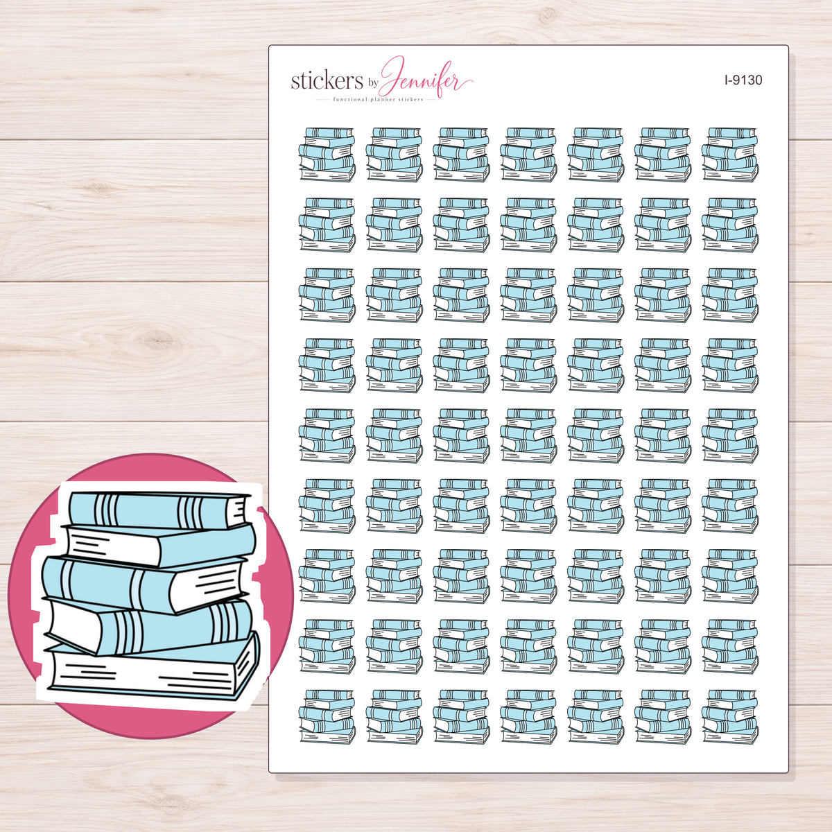 Stack of Blue Books Planner Stickers | I-9130 — 5 × 7 inch sheet and enlarged sticker detail