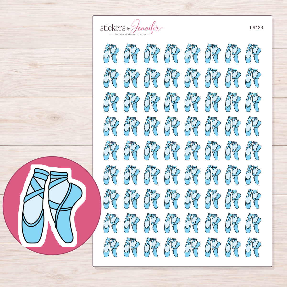 Blue Ballet Slippers Planner Stickers | I-9133 — 5 × 7 inch sheet and enlarged sticker detail