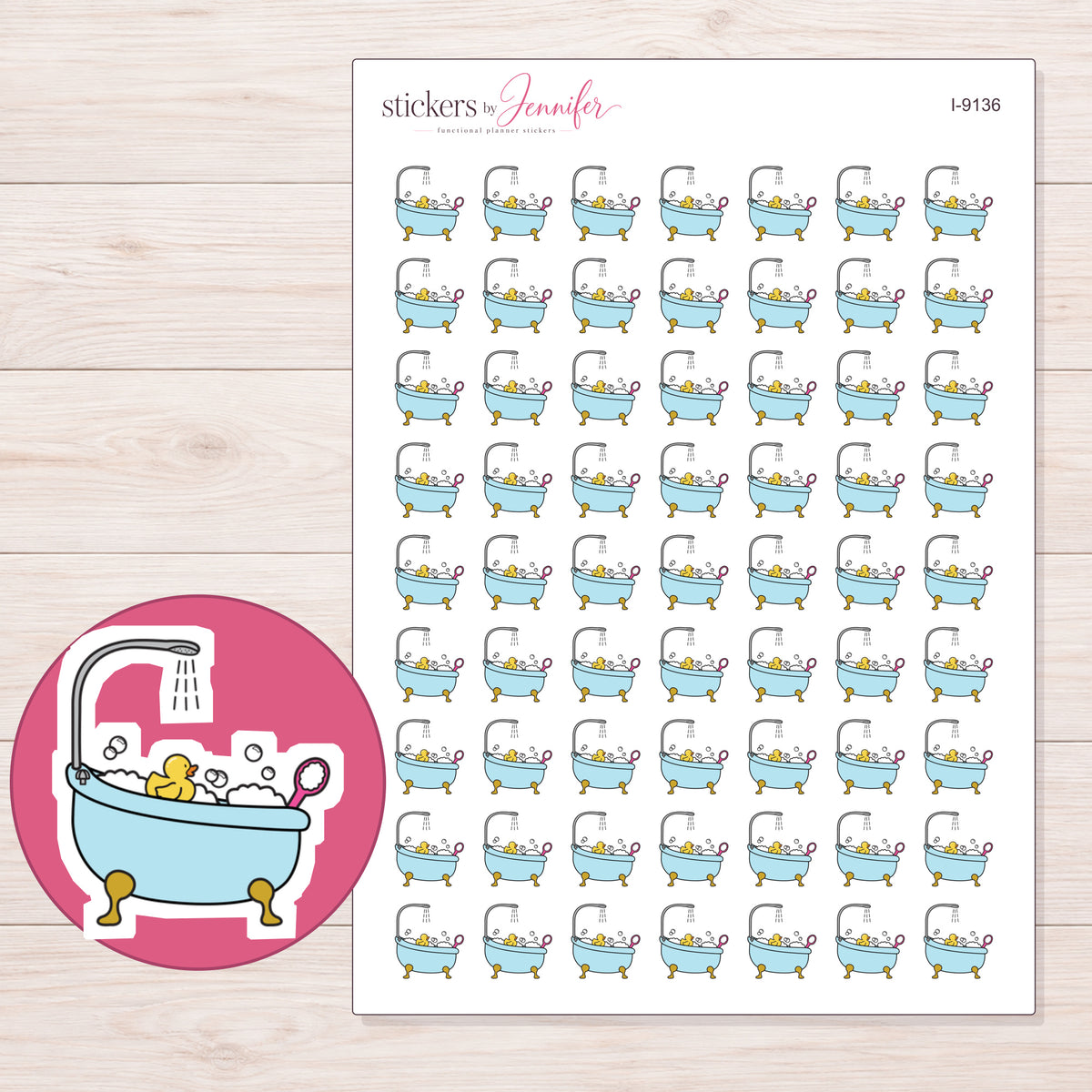 Blue Bubble Bath Planner Stickers | I-9136 — 5 × 7 inch sheet and enlarged sticker detail