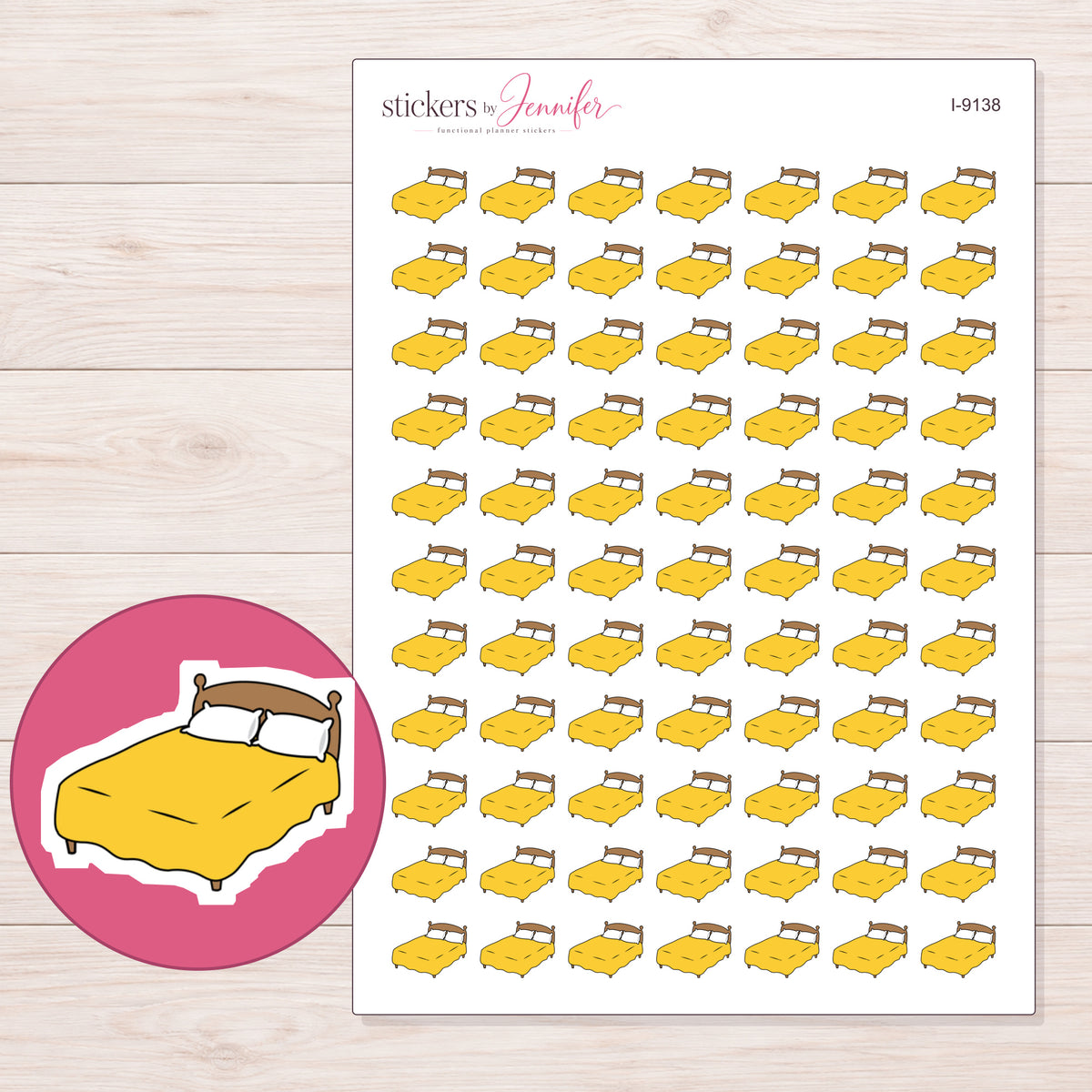 Yellow Blanket Bed Planner Stickers | I-9138 — 5 × 7 inch sheet and enlarged sticker detail