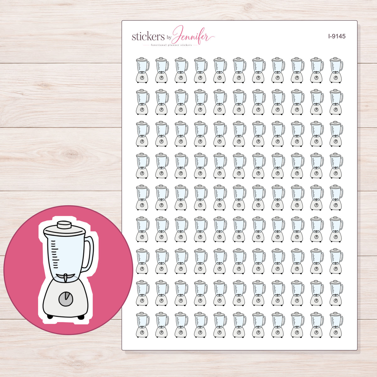 White Kitchen Blender Planner Stickers | I-9145 — 5 × 7 inch sheet and enlarged sticker detail