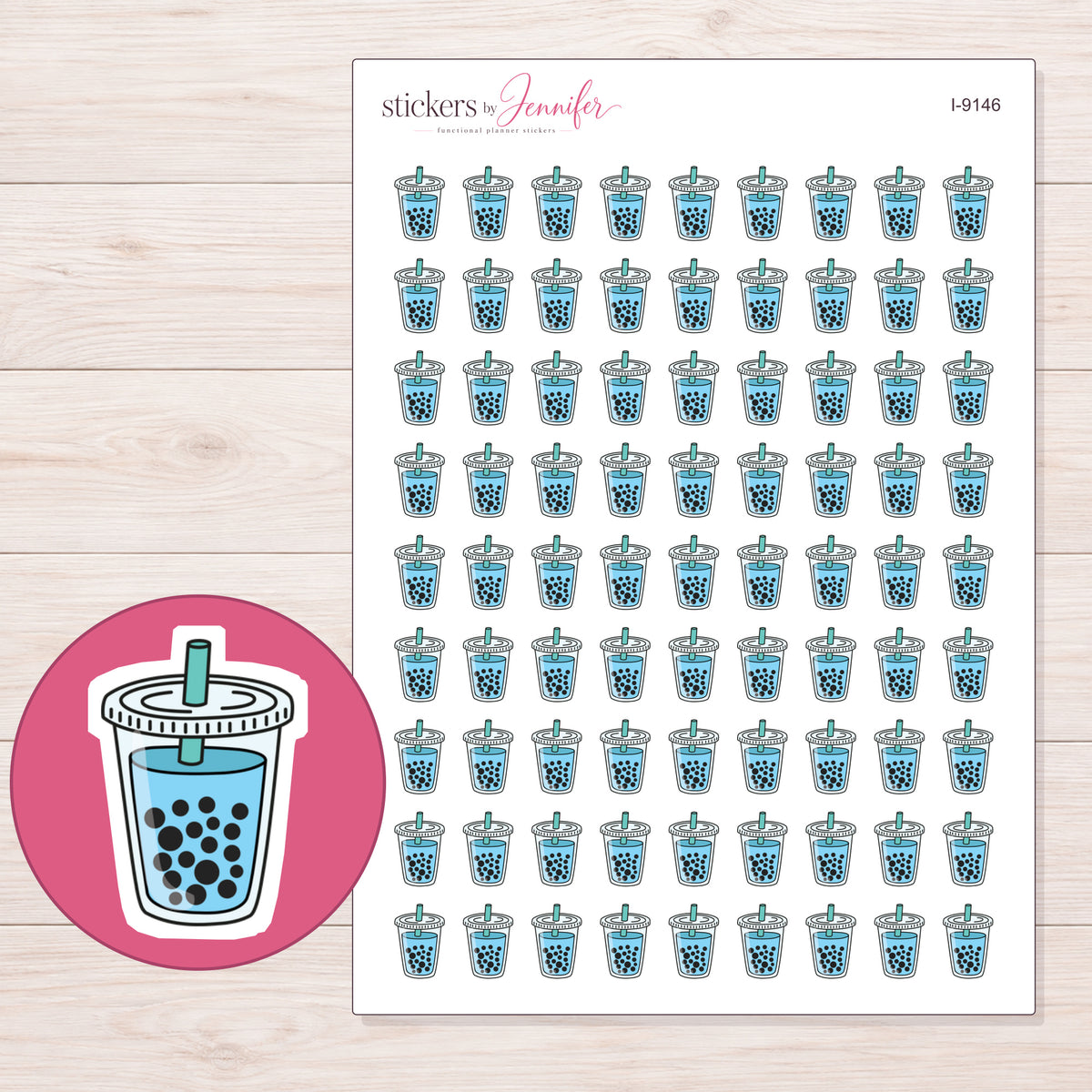 Blue Boba Tea Planner Stickers | I-9146 — 5 × 7 inch sheet and enlarged sticker detail