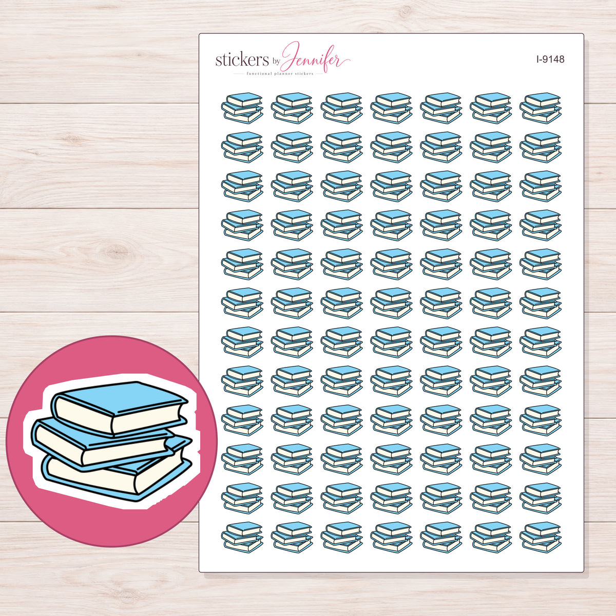 Three Blue Books Planner Stickers | I-9148 — 5 × 7 inch sheet and enlarged sticker detail