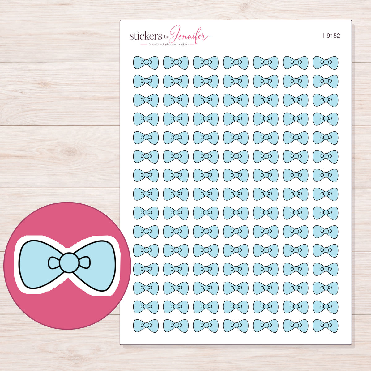 Pale Blue Rounded Bow Planner Stickers | I-9152 — 5 × 7 inch sheet and enlarged sticker detail