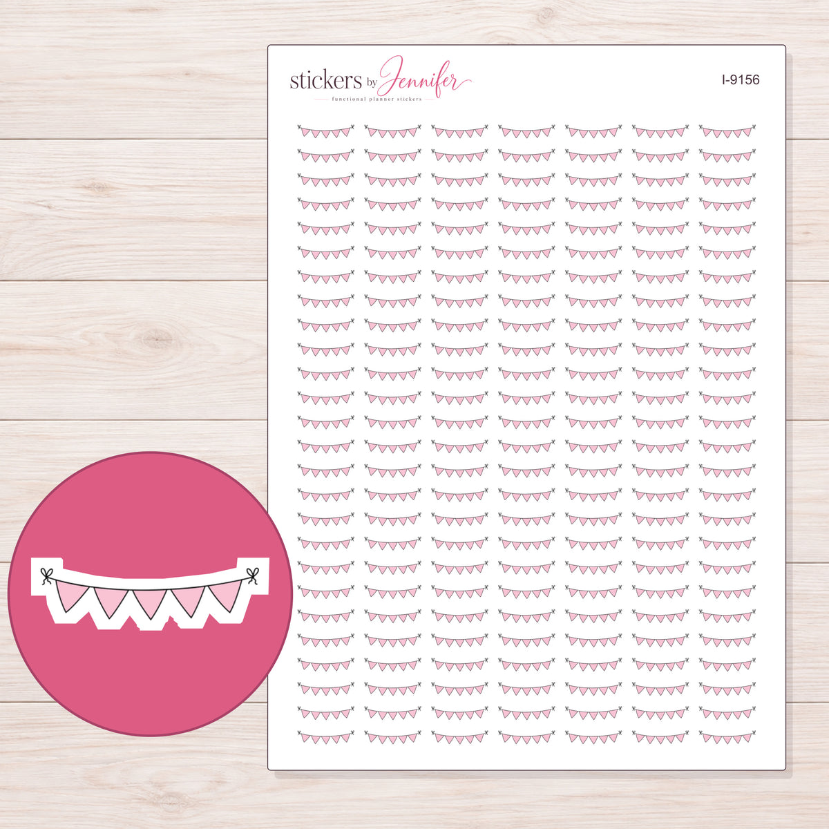 Pale Pink Pennant Bunting Planner Stickers | I-9156 — 5 × 7 inch sheet and enlarged sticker detail