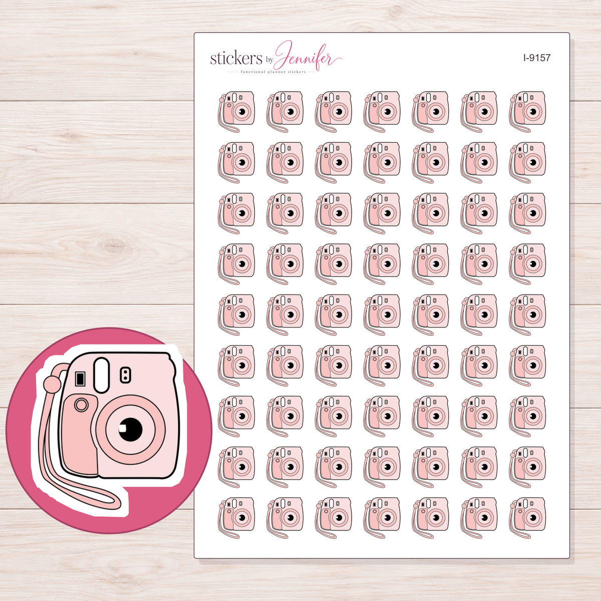 Pink Instant Camera Planner Stickers | I-9157 — 5 × 7 inch sheet and enlarged sticker detail