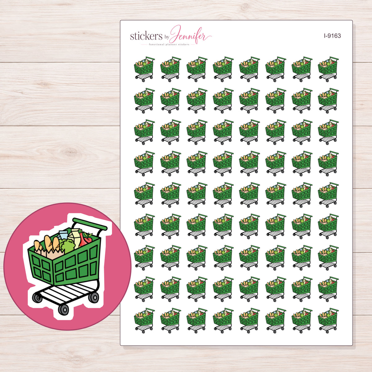 Green Grocery Cart Planner Stickers | I-9163 — 5 × 7 inch sheet and enlarged sticker detail