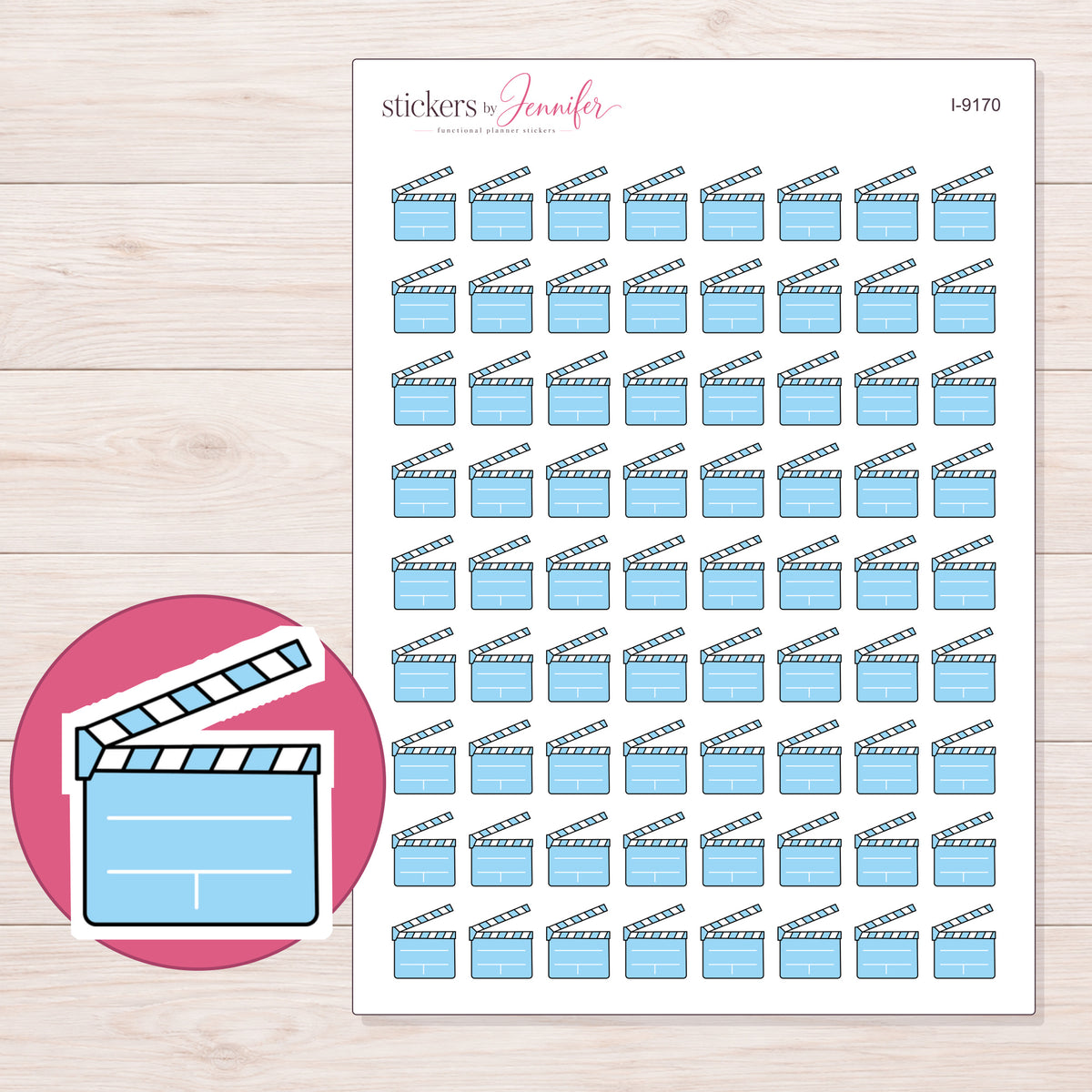 Blue Clapperboard Planner Stickers | I-9170 — 5 × 7 inch sheet and enlarged sticker detail