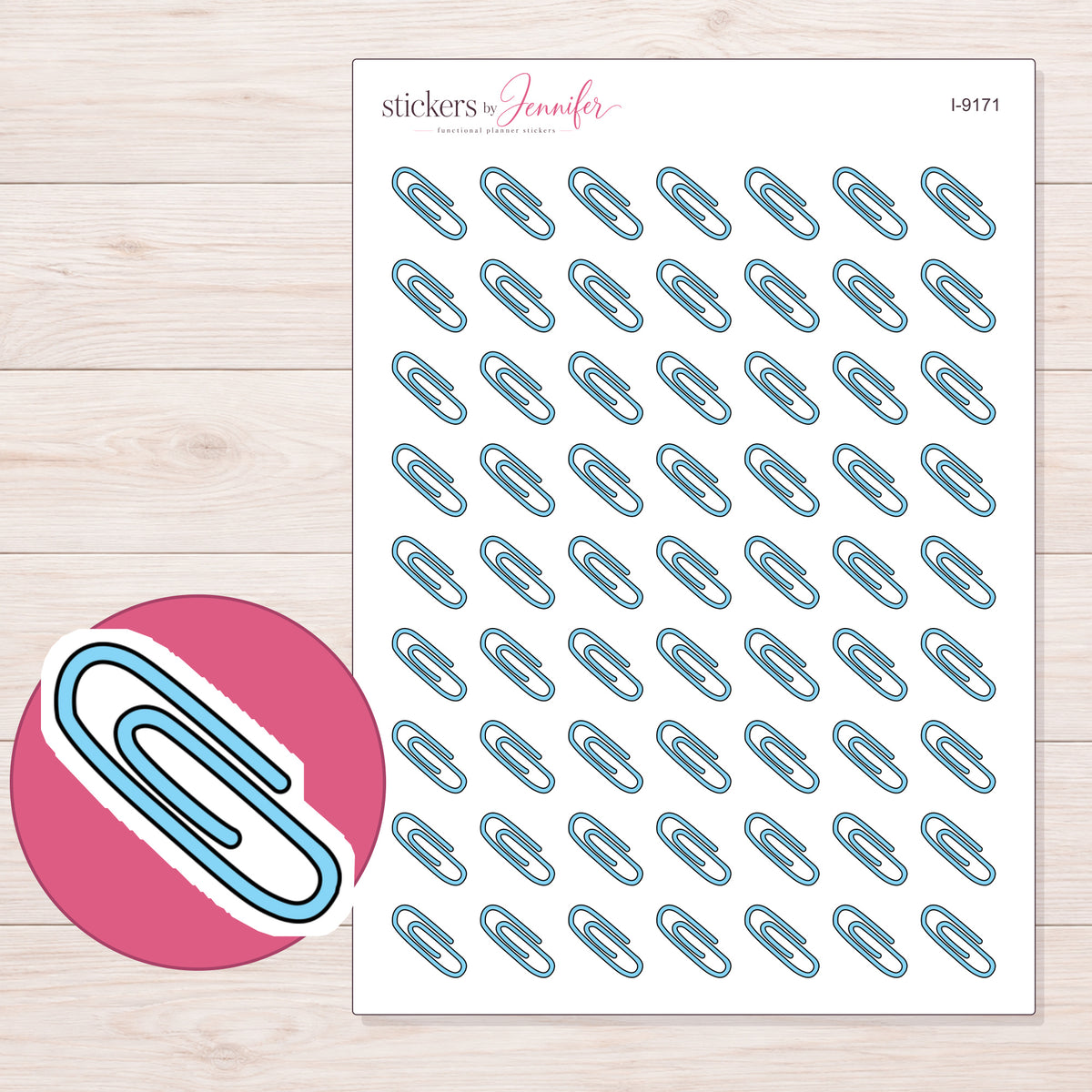 Blue Paper Clip Planner Stickers | I-9171 — 5 × 7 inch sheet and enlarged sticker detail
