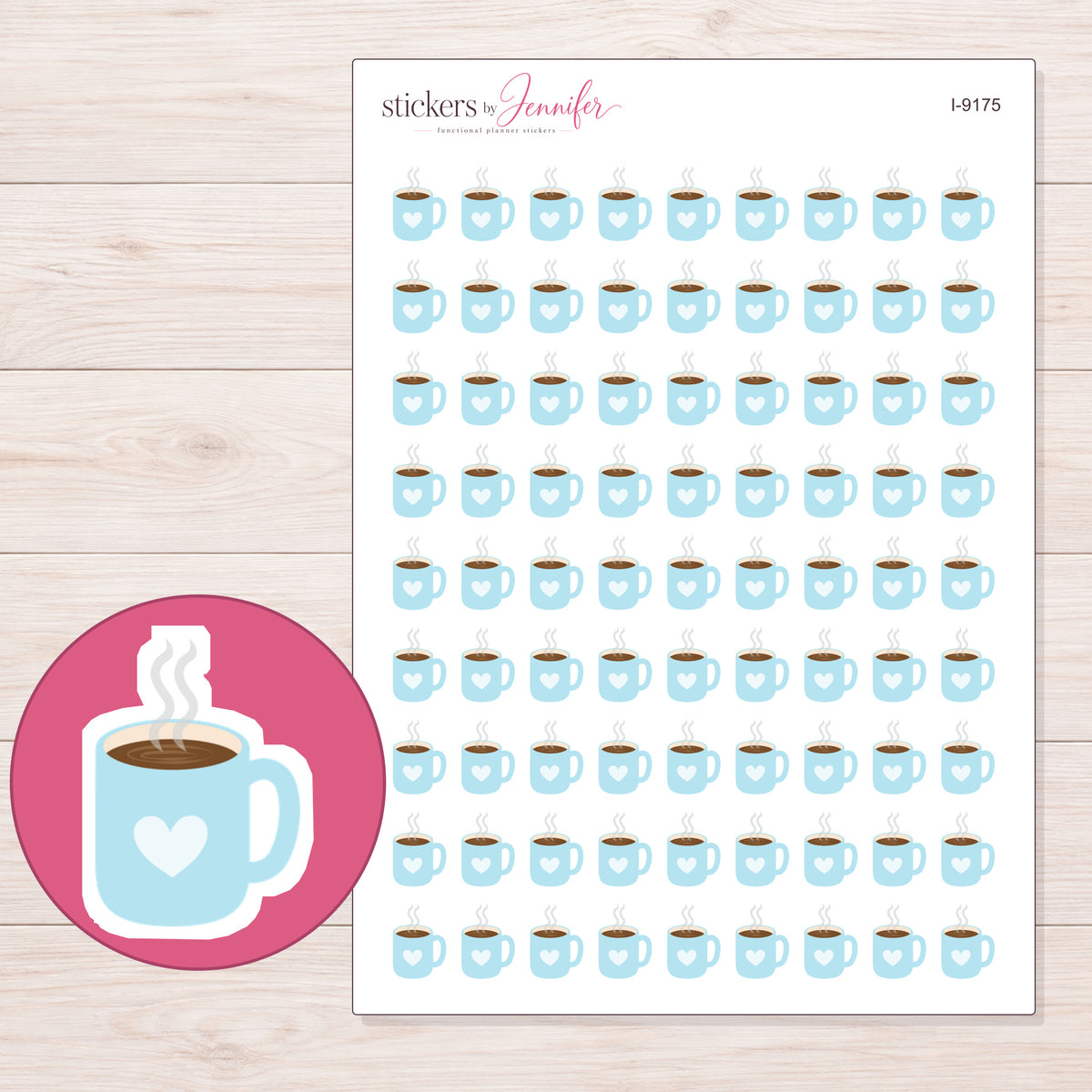 Pale Blue Heart Coffee Mug Planner Stickers | I-9175 — 5 × 7 inch sheet and enlarged sticker detail