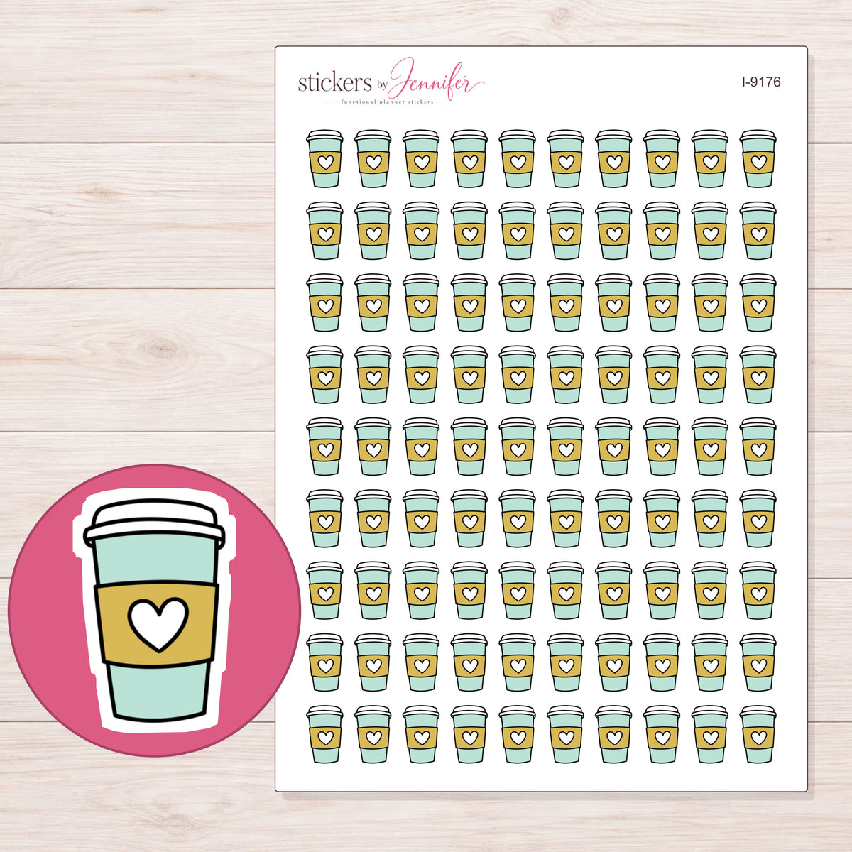 Mint and Yellow Heart Coffee Cup Planner Stickers | I-9176 — 5 × 7 inch sheet and enlarged sticker detail