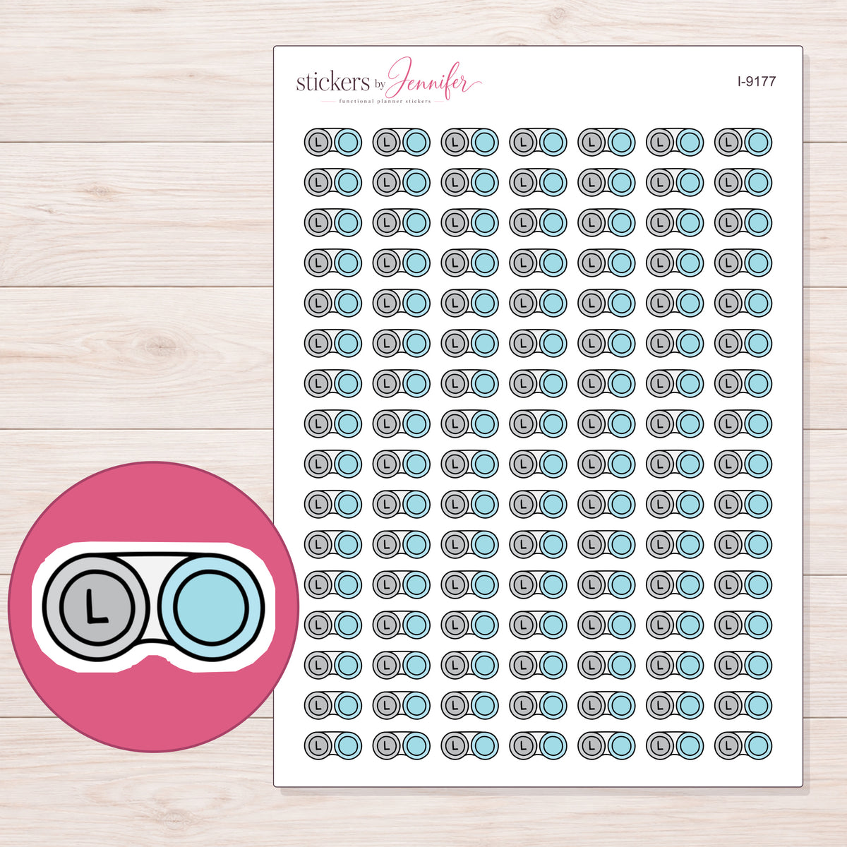 Blue Contact Lens Case Planner Stickers | I-9177 — 5 × 7 inch sheet and enlarged sticker detail