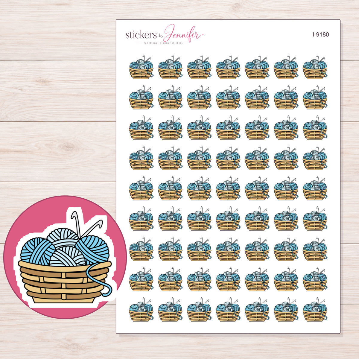 Blue Crochet Yarn Basket Planner Stickers | I-9180 — 5 × 7 inch sheet and enlarged sticker detail