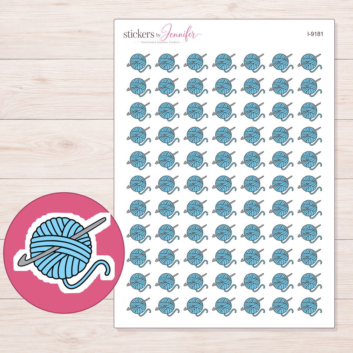 Blue Yarn Ball and Crochet Hook Planner Stickers | I-9181 — 5 × 7 inch sheet and enlarged sticker detail
