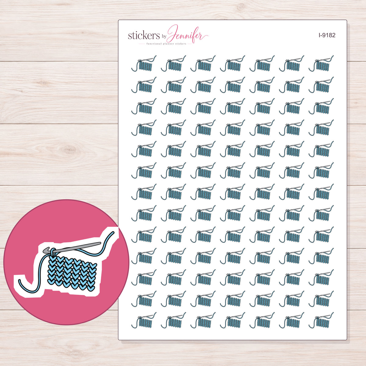 Blue Crochet Work in Progress Planner Stickers | I-9182 — 5 × 7 inch sheet and enlarged sticker detail