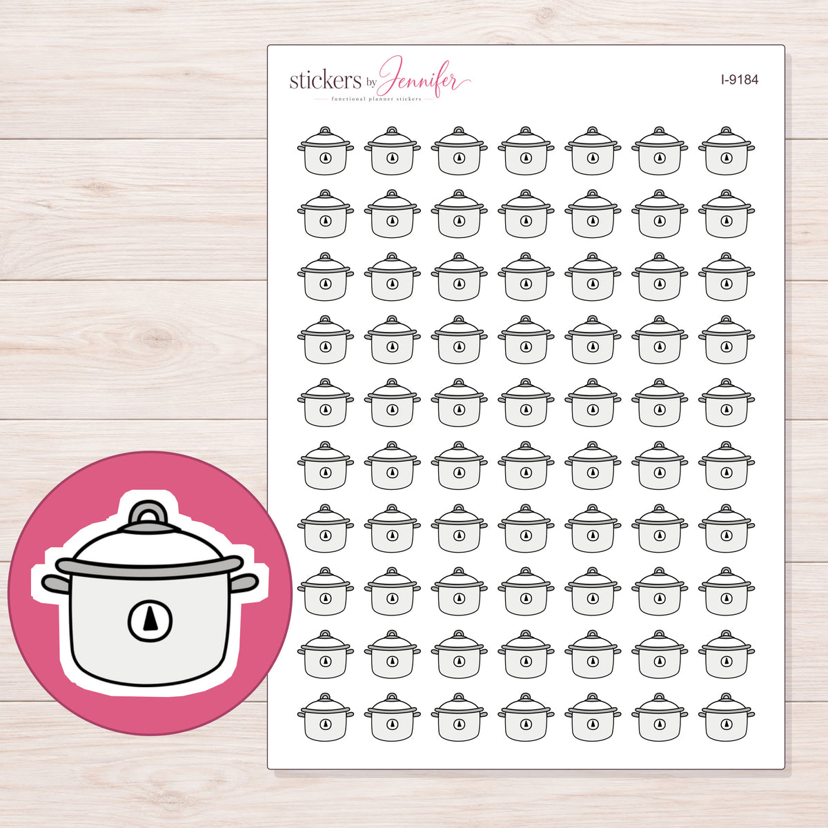 White Slow Cooker Planner Stickers | I-9184 — 5 × 7 inch sheet and enlarged sticker detail