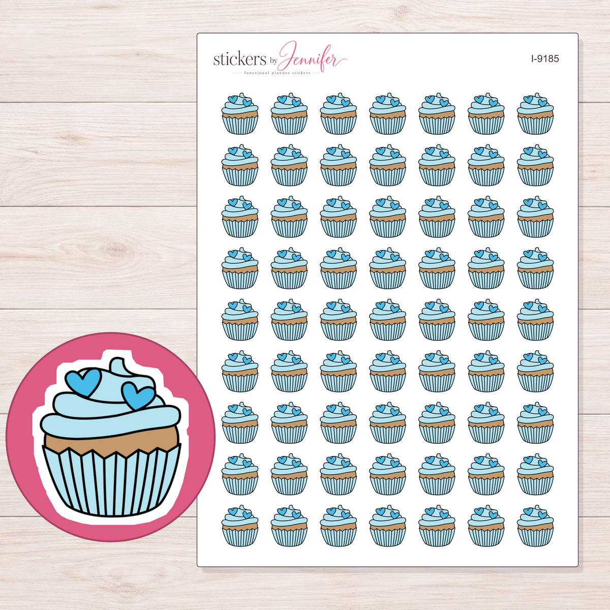 Blue Heart Cupcake Planner Stickers | I-9185 — 5 × 7 inch sheet and enlarged sticker detail