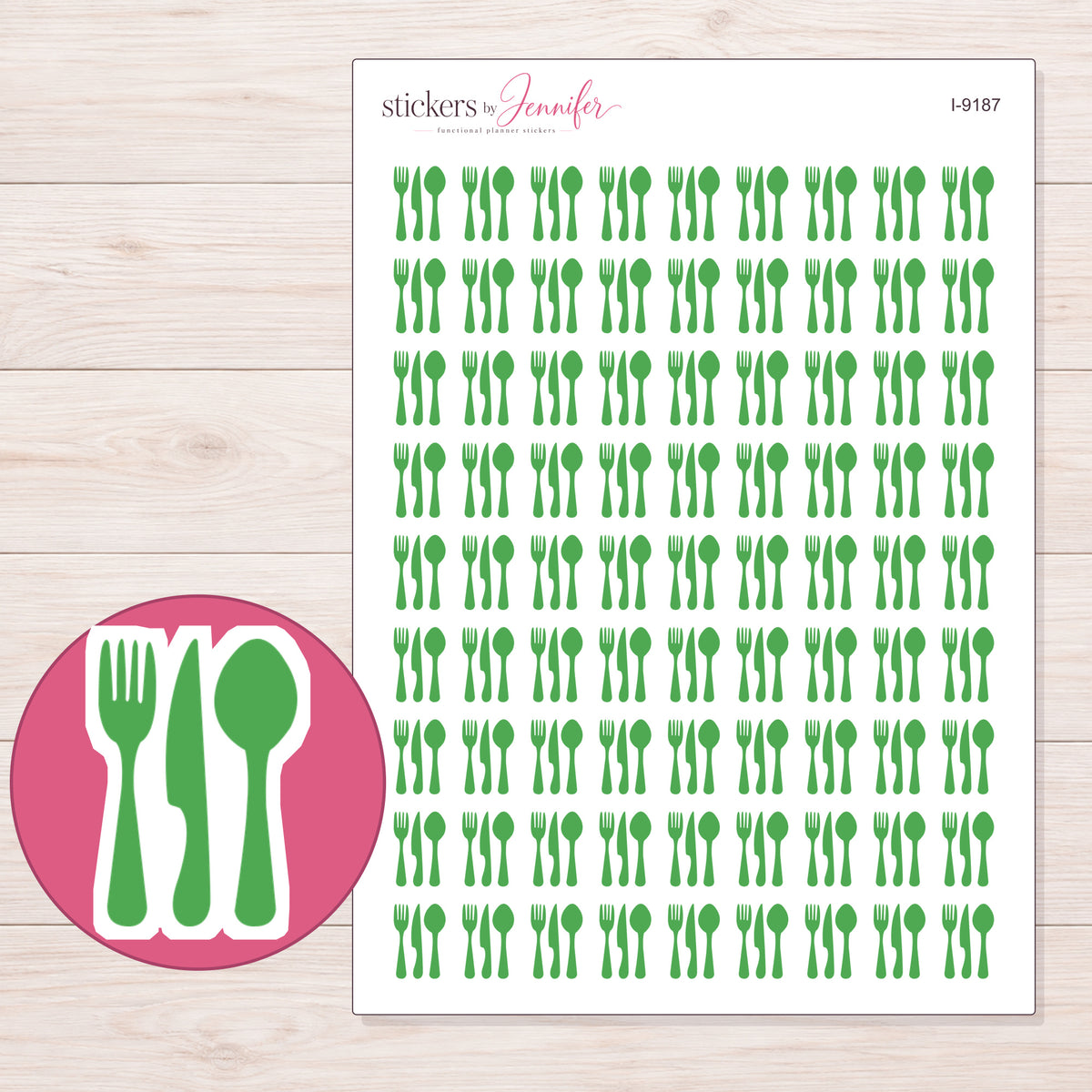 Green Fork and Spoon Planner Stickers | I-9187 — 5 × 7 inch sheet and enlarged sticker detail