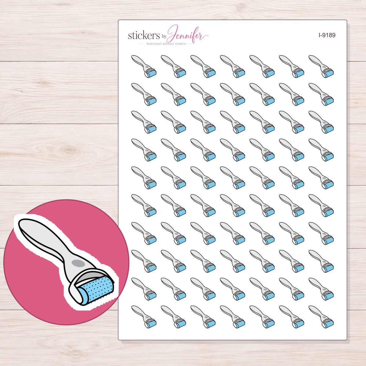 Blue Skin Roller Planner Stickers | I-9189 — 5 × 7 inch sheet and enlarged sticker detail
