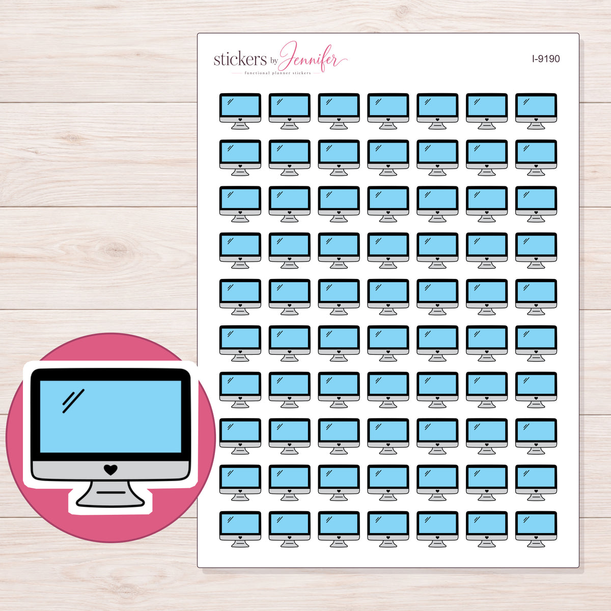 Blue Screen Desktop Computer Planner Stickers | I-9190 — 5 × 7 inch sheet and enlarged sticker detail