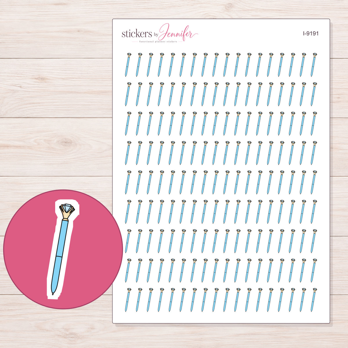Blue Diamond Pen Planner Stickers | I-9191 — 5 × 7 inch sheet and enlarged sticker detail