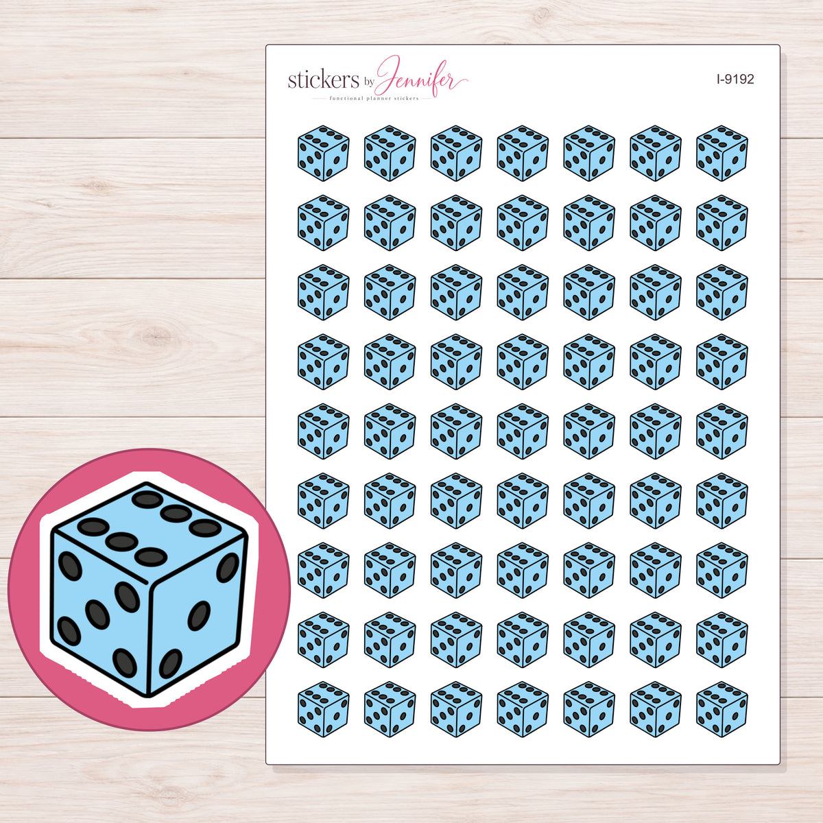 Blue Dice Planner Stickers | I-9192 — 5 × 7 inch sheet and enlarged sticker detail