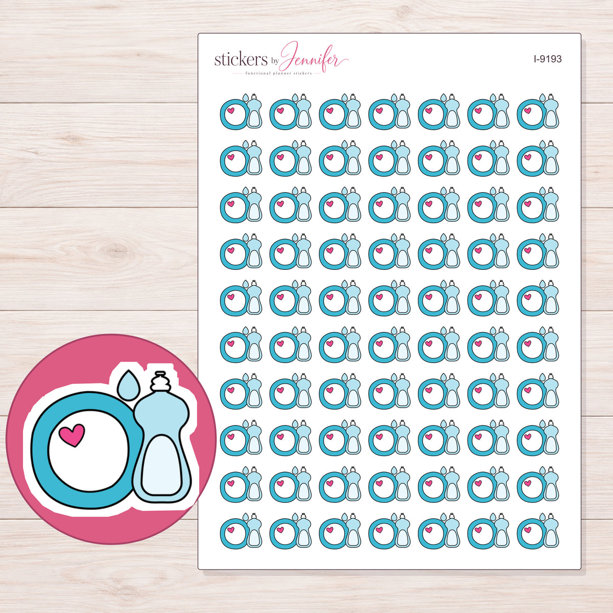 Blue Dish Soap and Plate Planner Stickers | I-9193 — 5 × 7 inch sheet and enlarged sticker detail