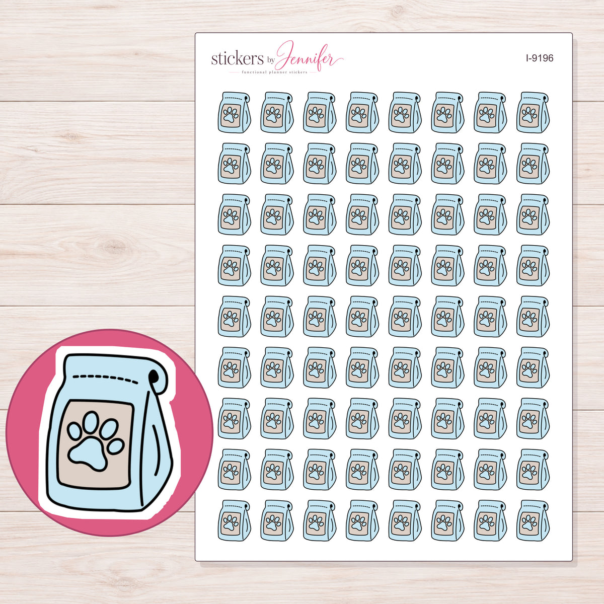 Blue Dog Food Bag Planner Stickers | I-9196 — 5 × 7 inch sheet and enlarged sticker detail