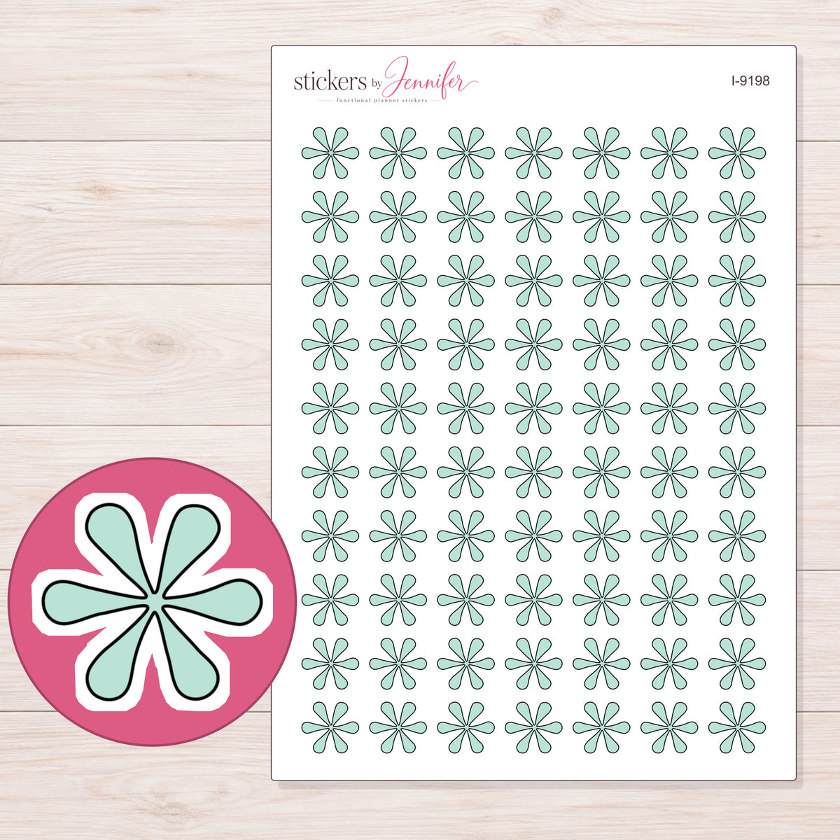 Mint Doodle Asterisk Planner Stickers | I-9198 — 5 × 7 inch sheet and enlarged sticker detail