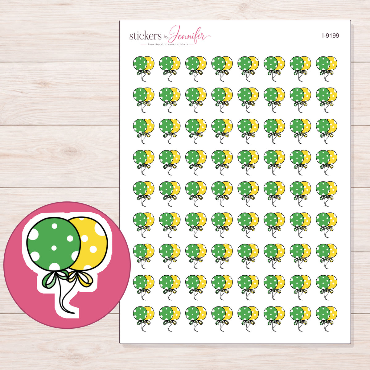 Green and Yellow Polka Dot Balloons Planner Stickers | I-9199 — 5 × 7 inch sheet and enlarged sticker detail