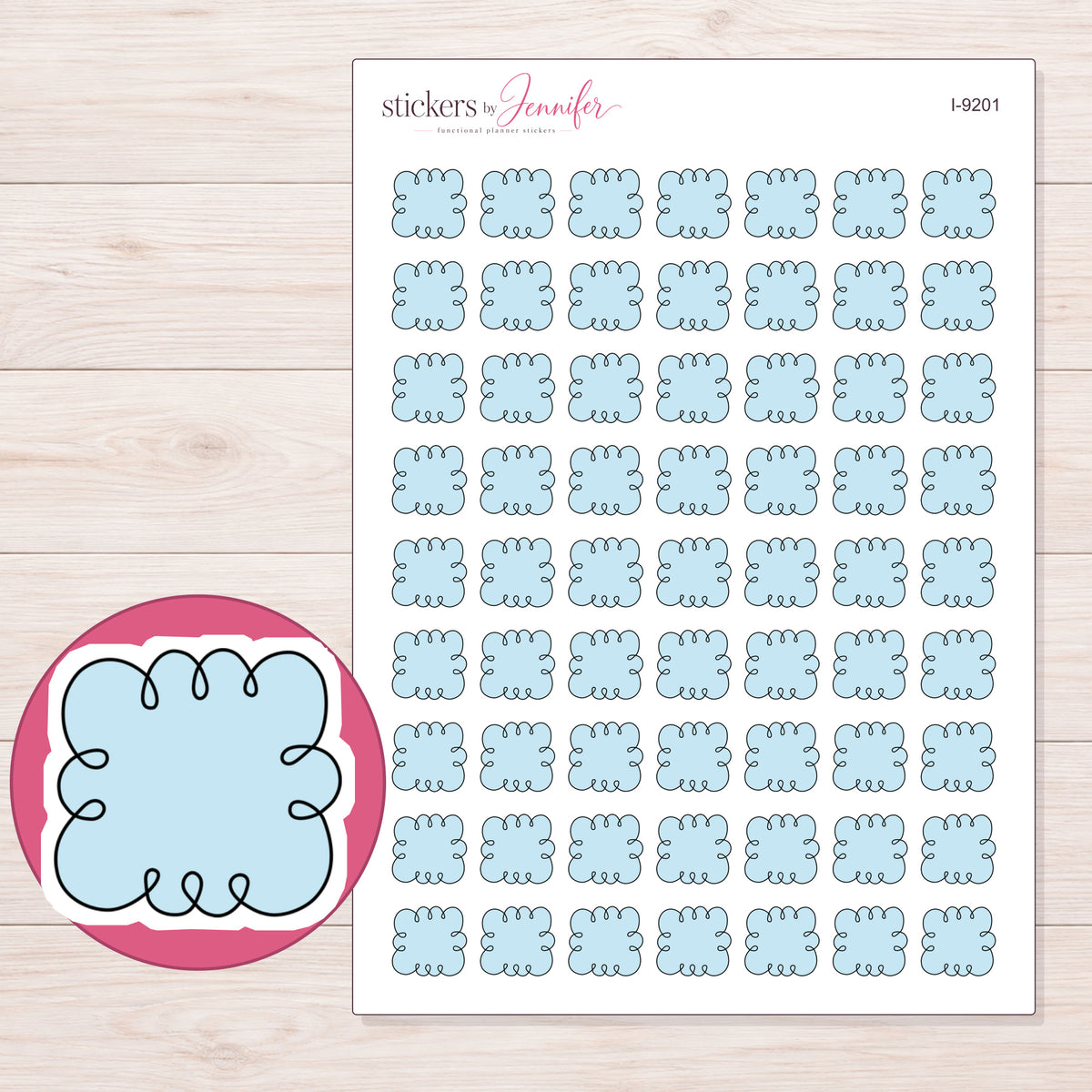 Pale Blue Curly Cloud Label Planner Stickers | I-9201 — 5 × 7 inch sheet and enlarged sticker detail